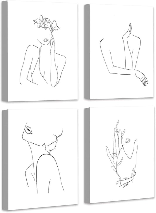 Minimalist Line Art Prints Wall Decor Abstract Flower Line Art Modern Black and White Artwork Women Office Bedroom Bathroom Decoration FRAMED 8"x10" 4 Piece Set