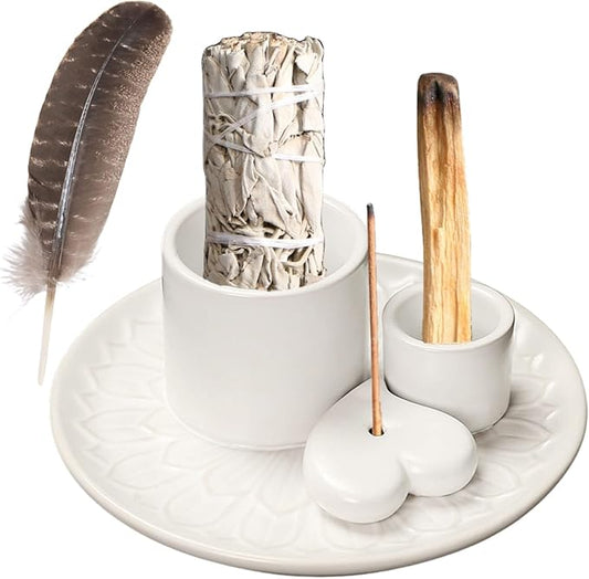 4 in 1 Incense Burner Holder,Incense Sage and Palo Santo Holder,Incense Stick Holder,Ceramic Incense Holder Ash Catcher,for Meditation Room (White)