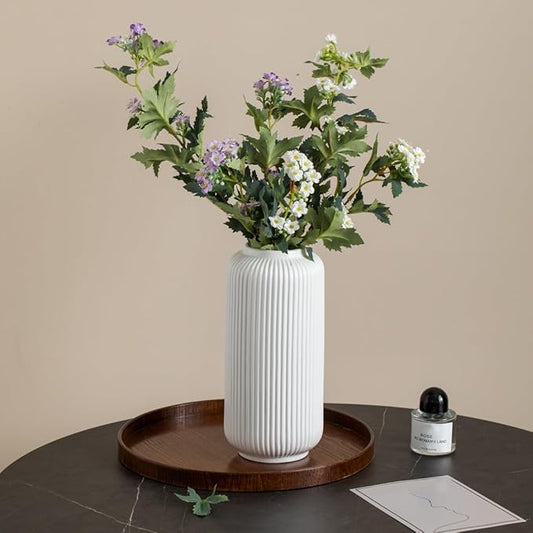 10 Inch Tall Glossy White Ceramic Ribbed Vase for Flowers & Pampas Grass, Simple Modern Decorative Vases for Home Decor Table Centerpieces