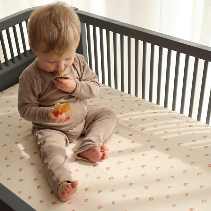 Denmark - Super Soft Muslin Mini Crib Sheets - 24'' x 38'' - 100% Organic Baby Crib Sheets for Boys and Girls (Rainbows)