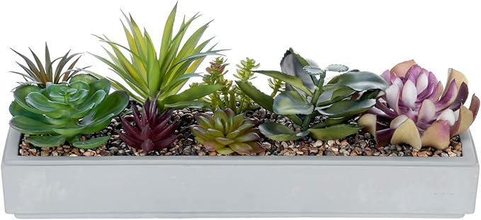 MyGift 15 Inch Mixed Color Assorted Artificial Succulent Plant Arrangement in Modern Gray Clay Planter Tray