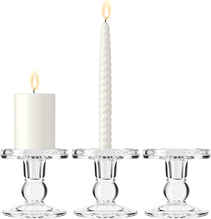 Clear Glass Candle Holders for Taper Candles 1 Pack (Total 3 Pcs), Pillar Candles Tealight Candle Holder for Wedding, Dinning and Decoration-Fit 0.9" to 2.8" Premium Multipurpose Candles