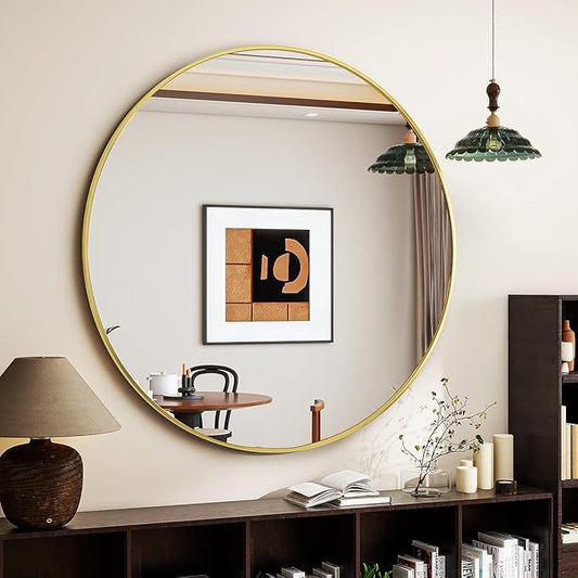 Gold Round Mirror, 42 Inch Bathroom Mirror with Metal Frame, Wall Wall-Mounted for Entryway, Bathroom, Vanity, Living Room