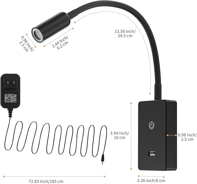 Touch Dimmable LED Wall Mount Bedside Spot Lamp, Black Flexible LED Wall Sconce Reading Light for Bedroom, 4 Brightness Levels (100%- 70%- 35%- 15%), Neutral White Lighting, 5V2A USB Output