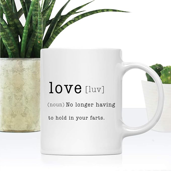Andaz Press Valentine’s Day Funny 11oz. His Her Couples Coffee Mug Gift, Love [ Luv ] (noun) No Longer Having To Hold In Your Farts., 1-Pack, Gift Box