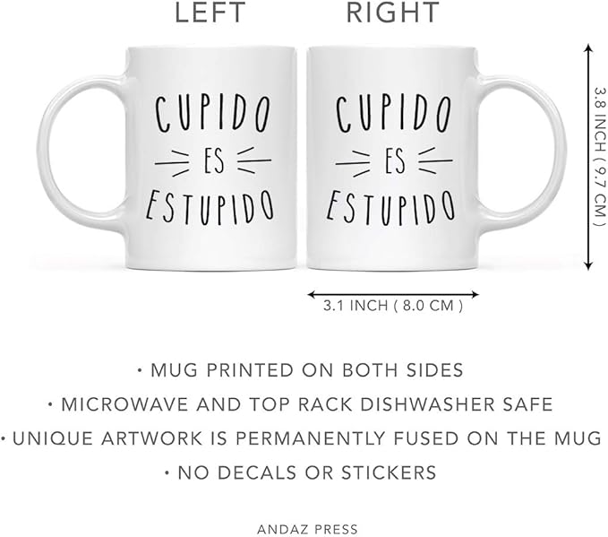 Andaz Press Valentine’s Day Funny 11oz. His Her Couples Coffee Mug Gift, Cupido Es Estupido, 1-Pack, Gift Box