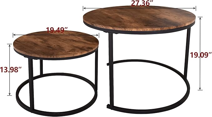 Industrial Round Coffee Table Set of 2 End Table for Living Room,Stacking Side Tables, Sturdy and Easy Assembly,Wood Look Accent Furniture with Metal Frame,Black+Rustic Brown