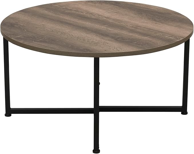 Household Essentials Jamestown Round Coffee Table Ashwood Rustic Wood Grain and Black Metal 31.5 x 31.5, Taupe