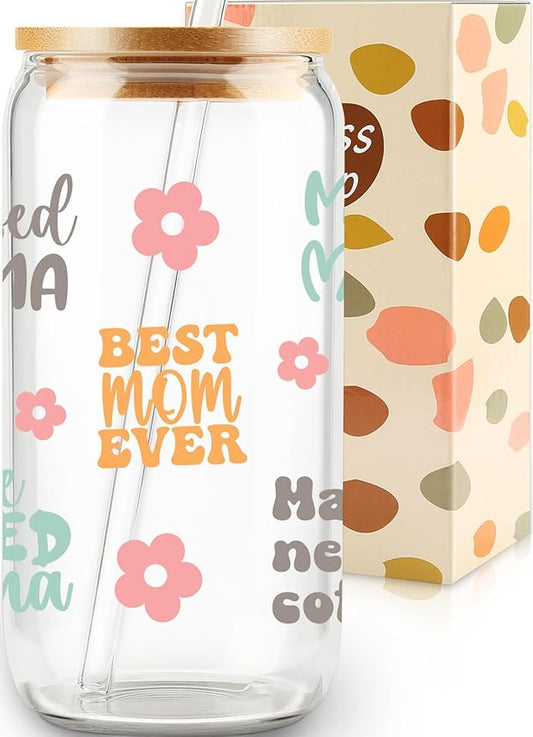 Best Mom Ever Sipper Glass, Coffee Cup for Mama, Mother's Day Gift, Present for Mom, 16oz Sipper Glass Can, Best Mama Gift, Gifts for Her, Birthday, Christmas, Thanksgiving Gifts from Daughter, Son