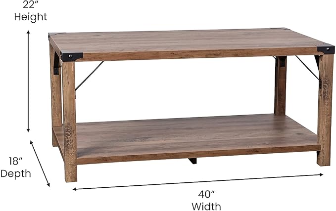 Flash Furniture Wyatt Modern Farmhouse 2 Tier Coffee Table - Rustic Oak Engineered Wood Frame - Black Metal Crisscross Side Braces and Corner Accents