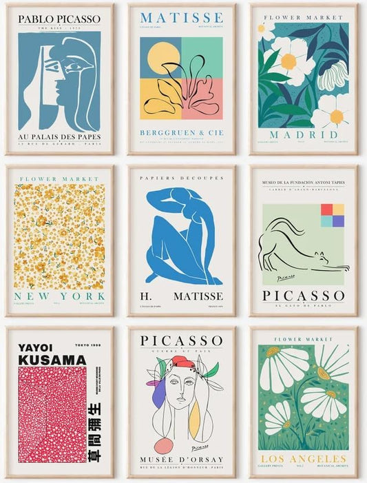 Eclectic Gallery Wall Art Set of 9, Abstract Matisse Poster Flower Market Prints, Minimalist Wall Decor Canvas Paintings, Trendy Aesthetic Room Decor for Bathroom, Bedroom, Living Room, Office(8"x10")