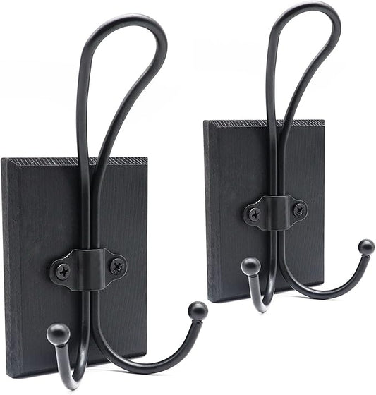 Double Towel Hooks for Bathroom, 2 Pack Farmhouse Coat Hooks Wall Mounted, Heavy Duty Rustic Decorative Wood Wall Hooks Hanging Keys Robe Hat for Bedroom, Kitchen, Entryway (Black)