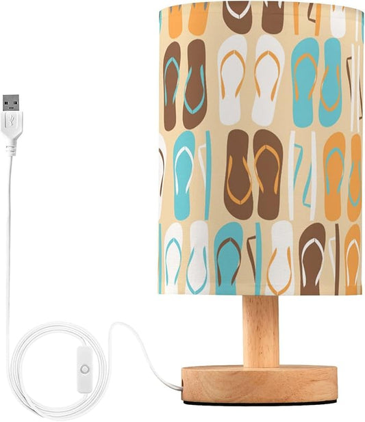 Table Lamp Flip Flops Summer Pattern Nightstand Lamp with Wood Base Fabric Lamp Shade Bedside Desk Lamp for Living Room Bedroom Kids Room Office