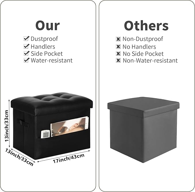 Storage Ottoman Foot Rest Stool with Thicker Foam Padded Seat. Foldable Leather Footstool Bench. Small Ottoman with Storage for Living Room Bedroom Coffee Table 350 lbs, 17x13x13in, Black