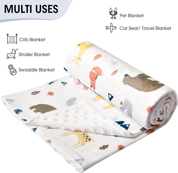 Minky Baby Blanket for Boys Girls Neutral, 40x50 Inches Soft Lightweight Micro Fleece Baby Blanket with Double Layer, Dotted Backing, Receiving Blanket for Newborns, Woodland Animals
