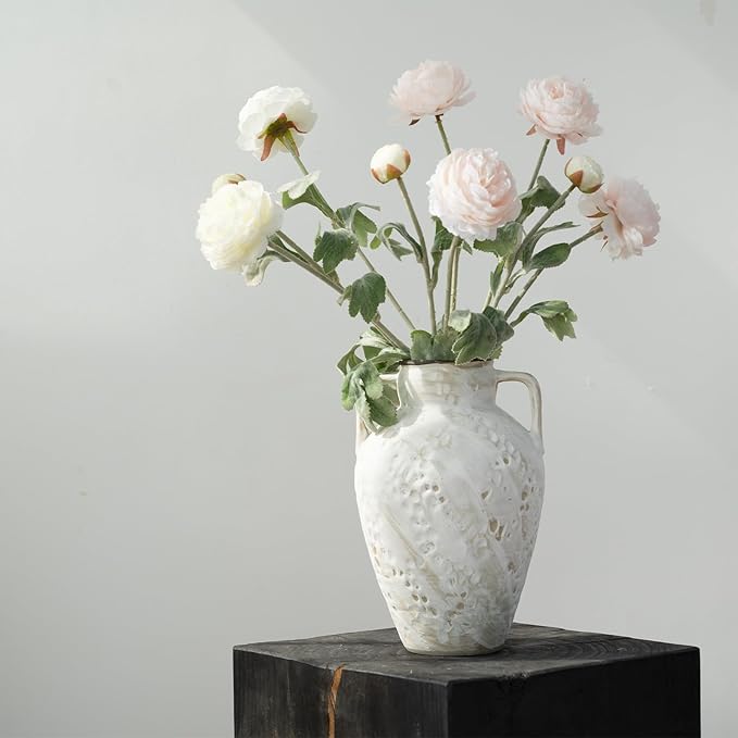 White Ceramic Rustic Vase with 2 Handles,10'' Vintage Farmhouse Stoneware Clay Flower Vase, Boho Pottery Terracotta Handmade Decorative for Home Living Room Kitchen