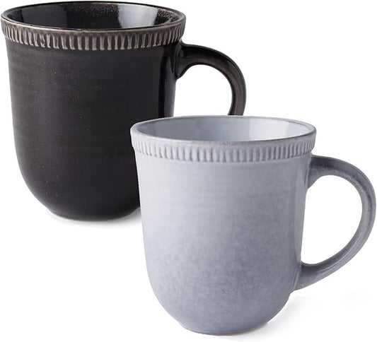 Ceramic Coffee Mugs, Set of Two, Black mugs, 15oz, Vintage Tea Cups with Handle for Office/Home, Handmade Pottery Mug, Embossment Craft, Dishwasher and Microwave Safe. (Black&White)