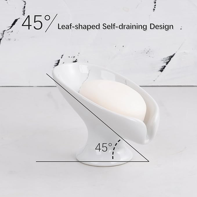 Soap Dish Set, Self Draining Bar Soap Holder for Bathroom Sink, Leaf Shaped Drainage Soap Dish Ceramic Marble Porcelain Decorative Soap Dishes 2PCS, No Suction Cup, ANTIS'S HOME