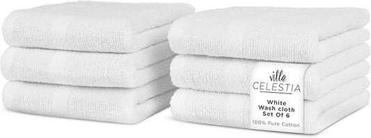 100% Cotton Wash Cloth for face & Body Set of 6, (12 x 12 inches) Sustainable, Soft, Highly Absorbent, Combed Cotton Wash Cloths Pack of 6 for Hotels, Spa, Bathroom, Dorm, White