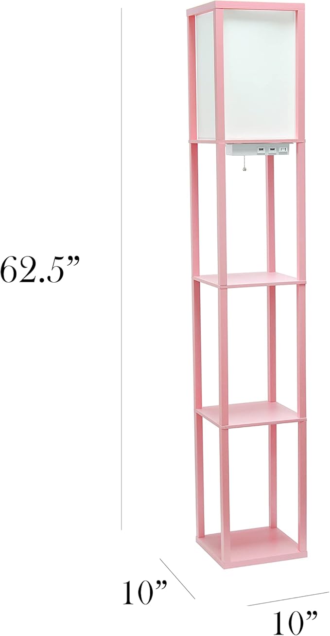 Simple Designs LF1037-LPK-LB Three Shelf Etagere Organizer Storage Floor Lamp with 2 Dual USB Ports and Charging Outlet, Light Pink, with Feit LED Bulb Included