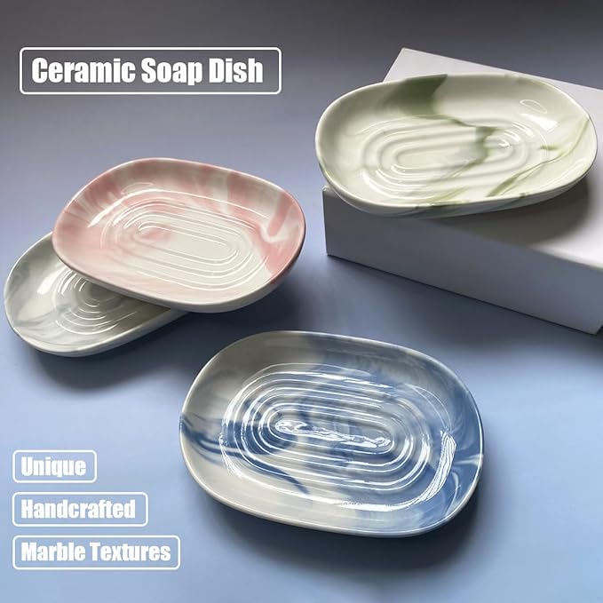 Soap Dish Ceramic, Decorative Ceramic Soap Holder with Unique Marble Textures, Bar Soap Holder for Shower, Bathroom, Kitchen, Tubs, Sink, Hotels, Counters (Pink Texture)