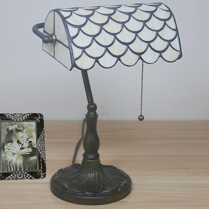 Tiffany Style Bankers Table Lamp Stained Glass Piano Desk Lamp Vintage Bedroom Bedside Lamp for Study,Antique Alloy Base,Zipper Switch,Green d