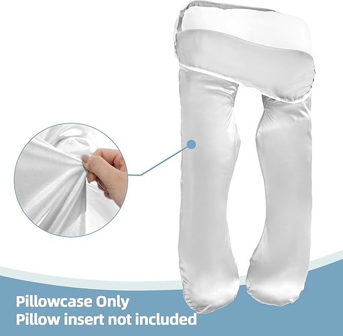 Silky Satin Pregnancy Pillow Cover (ONLY Pillowcase), U Shaped Luxurious Smooth Maternity Pillow Cover, Soft & Breathable Large Pillow Protector with Hidden Zip for Side Sleeper, White