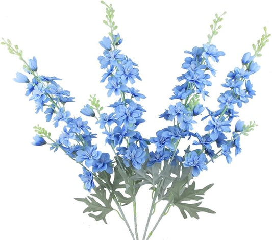 FERIAL Blue Silk Larkspur Flowers 4pcs Artificial Delphinium Faux Snapdragon Long Stem Fake Plant Spray Arrangement for Home Decor Indoor Outdoor Office Garden Wedding Table Vase Decor (Blue)