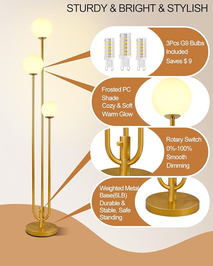 63IN 3-Light Dimmable Floor Lamp, Unique Tall Standing Lamps with 3 Gold Poles and 3000K G9 Bulbs for Reading, Mid Century Modern Floor Lamp for Living Room Bedroom Home Office