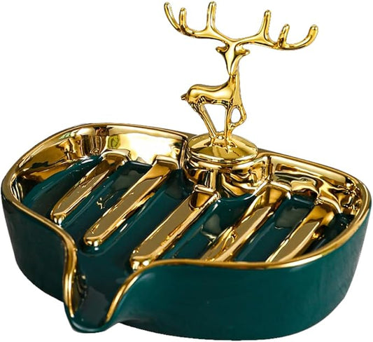 Soap Dish, Virvia Luxurious Ceramic Soap Dish Self Draining Soap Holder Tray Easy Cleaning Soap Saver for Shower Bathroom Kitchen Sink Bathtub Hotel Travel(Green Painted in Gold)