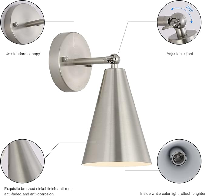 MWZ Brushed Nickel Wall Sconce Set of Two, Modern Sconces Wall Lighting Fixtures with Silver Metal Shade, Indoor Wall Mount Swing Arm Lamp for Bedroom,Bedside,Bar,Kitchen,Hallway