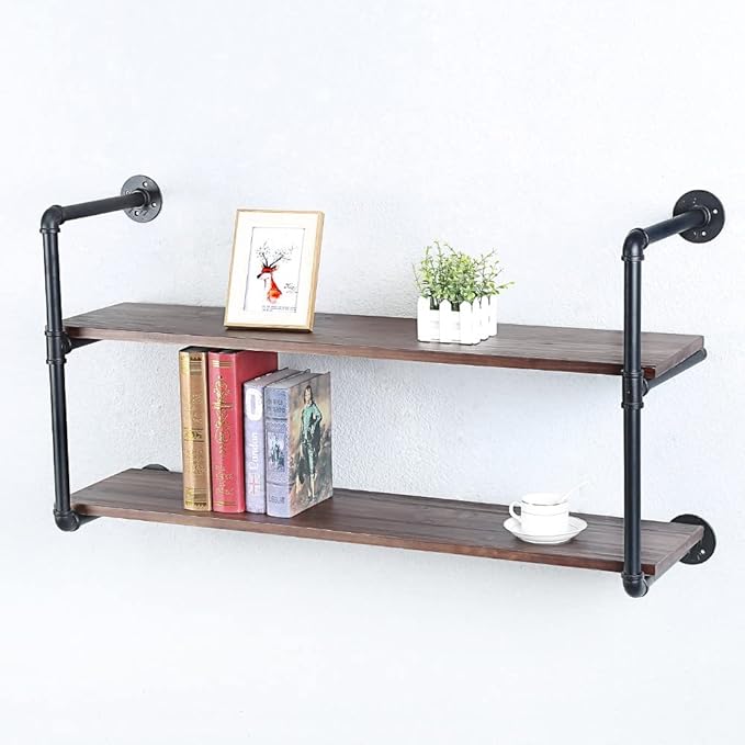 Industrial Pipe Shelving Wall Mounted,42in Rustic Metal Floating Shelves,Steampunk Real Wood Book Shelves,Wall Shelf Unit Bookshelf Hanging Wall Shelves,Farmhouse Kitchen Bar Shelving(2 Tier)