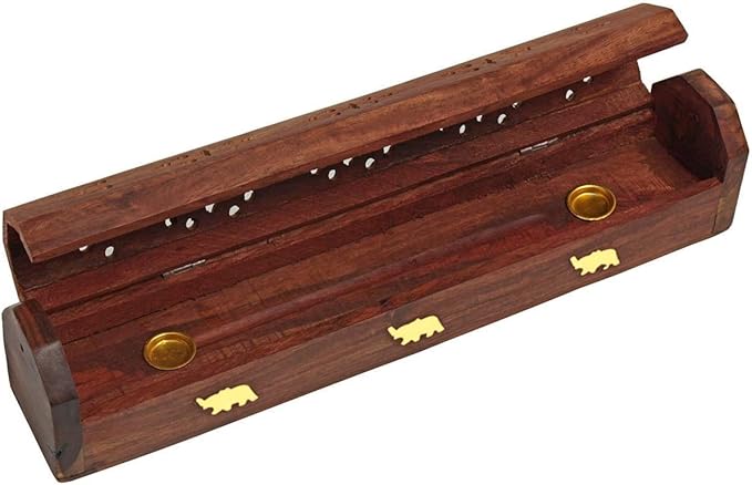raajsee Beautiful Handmade Wooden Brown Incense Stick Holder Burner Storage Coffin Box - Ash Catcher with Brass Inlay -Home Utilities & Accessories -Meditation -Great Gift for Any Occasion 12x2 inch