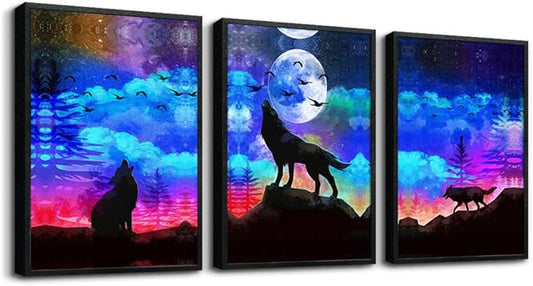 TTHYUEWS Black Framed Canvas Wall Art For Living Room Home Wall Decor For Bedroom Office Decor Wolf Landscape Wall Pictures Prints Artwork Blue Starry Sky Wall Painting Room Wall Decoration 3 Piece