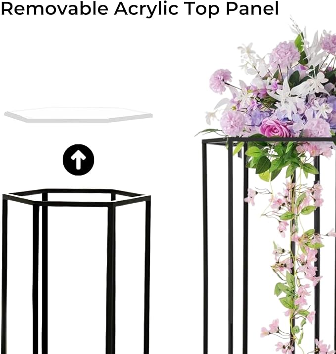 3PCS Hexagon Black Plant Stand Flower Stand for Party, Tall Metal Pedestal Stands for Display Decoration, Cake, Birthday, Wedding, Baby or Bridal Shower, Cylinder Column for Desserts