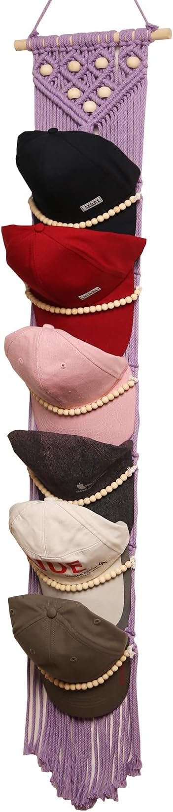 Ball Cap Hanger-1 Pack-Boho Macrame Cap Holder Wall Hat Organizer for Baseball Cap Holder Over Door, Hat Rack for Wall, Cap Rack for Decoration and Display(purple)