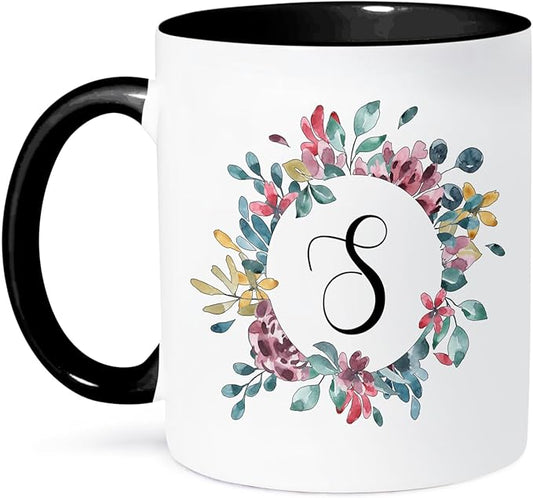 3dRose Coffee Mug, Size - 11oz - Pretty Watercolor Floral Circle Frame With A Monogram Initial S Monogram Initial - funny coffee cup gift