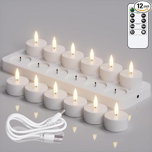 DRomance Rechargeable Flameless Votive Candles with Remote and Timer, 12 Pcs Battery Operated Flickering White Plastic LED Tea Light Candles Charge Base Halloween Christmas Holiday Decor(1.6" x 1.9")