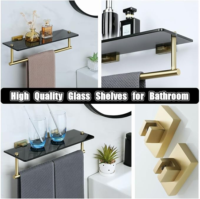 Alise Bathroom Shelves Glass Shelf with Bar,Wall Mount Floating Shelves for Bathroom,1 Tier Tempered Glass Holder Storage Organizer,SUS304 Stainless Steel Gold and Black