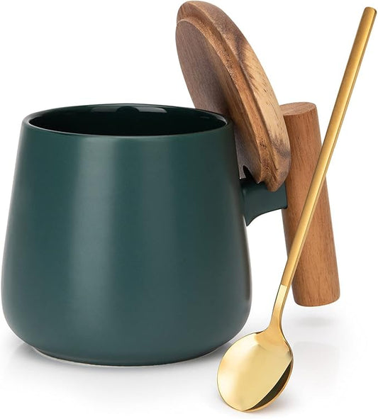 Ceramic Coffee Mug, Tea Cup for Office and Home, 14 Oz Coffee Cup with Lid and Spoon, Birthday Gifts, House Warming Presents for New Home, 1 Pack (Dark Green)