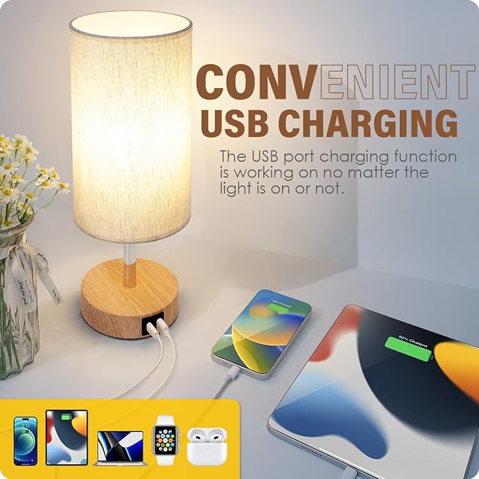 Yarra-Decor Bedside Lamp with USB A+C Charging Ports Set of Two - Touch Control Table Lamp for Wood 3 Way Dimmable Nightstand Lamp with Round Flaxen Fabric Shade (LED Bulb Included) (Y4-2 Pack)