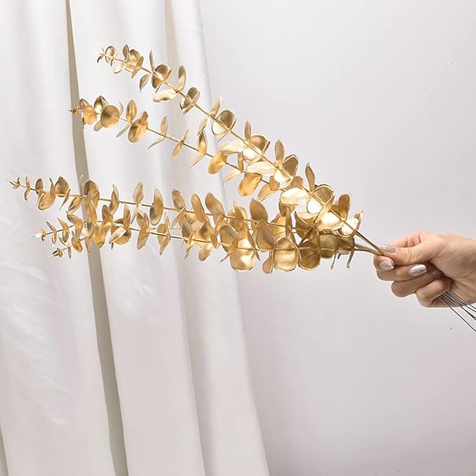 CATTREE Artificial Gold Eucalyptus, Faux Plastic Golden Plants 19" Tall 10 Pcs, Wreath Decorations Fake Shrubs for Wedding Hotel Hall Party Indoor Home Table Centerpieces DIY Decor Planting Filler