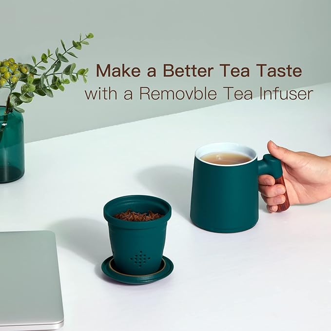 ZENS Tea Cup With Infuser and Lid, 12oz Green Mug for Loose Leaf Steeper, Wood Handle With Fine Strainers Hot Diffusers, Ceramic Mugs Accessories for Lovers Gifts