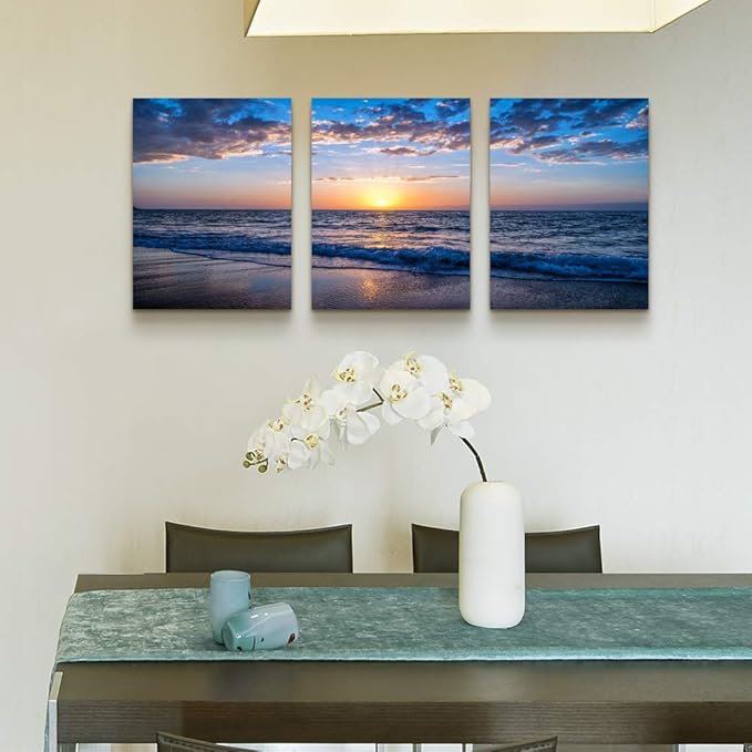 hyidecorart 3 Piece Canvas Wall Art -Sunrise blue sea view Landscape - Modern Home Decor Room Stretched and Framed Ready to Hang - 12"x16"x3 Panels
