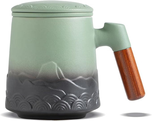 ZENS Tea Mug with Infuser and Lid for Loose Leaf Tea Steeper, 16.9 oz Embossed Ceramic Tea Cup with Fine Strainersand Wood Handle,Tea Diffusers Accessories for Tea Lovers Gifts