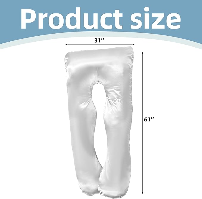 Silky Satin Pregnancy Pillow Cover (ONLY Pillowcase), U Shaped Luxurious Smooth Maternity Pillow Cover, Soft & Breathable Large Pillow Protector with Hidden Zip for Side Sleeper, White