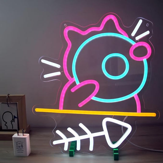 Hungry Cat Neon Sign Light, Pink and Ice Blue Neon Sign for Bedroom or Gaming Room, Good Choice for Boys Room Decor, Include 5V Charger