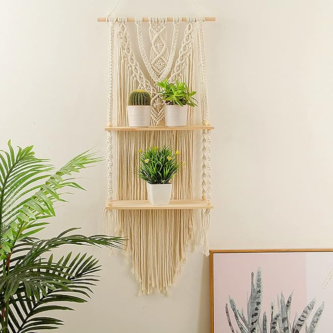 Mong Macrame Wall Hanging Shelf - Boho Hanging Shelves for Wall - Decorative Bohemian Floating Plants Room Storage Shelving Macrame Rope Decor Organizer Rack, 2 Tier Handmade Plant Shelves