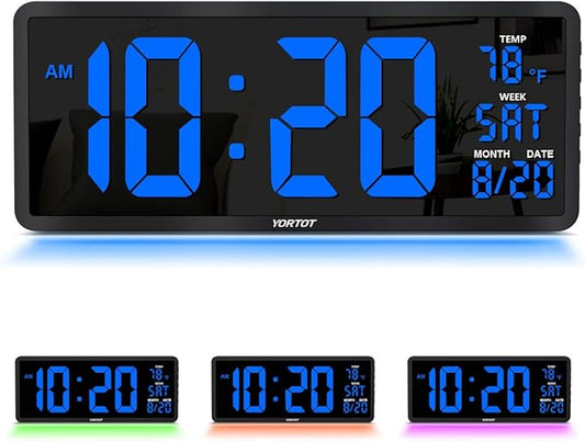 YORTOT 16 Inch LED Wall Clock with 7 Color Decor Night Light Big LED Clock with Indoor Temperature, Date, Auto DST, 12/24Hour, Wall Mount/Foldable Stand