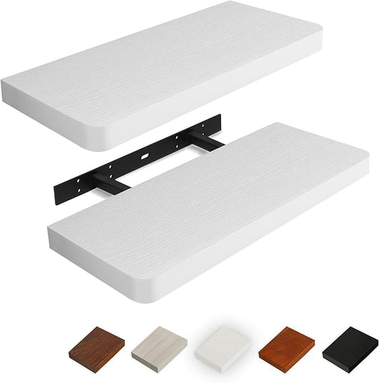 Floating Shelves for Wall, Wood Shelves with Invisible Brackets for Bathroom, Living Room, Bedroom and Kitchen, Long Wall Shelf for Books/Storage/Room Decor, 17 Inch, Set of 2, White